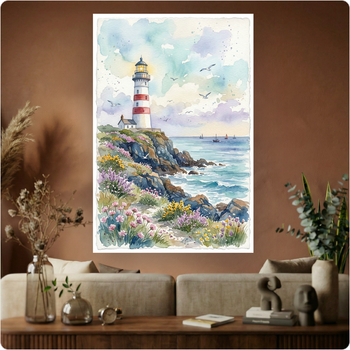 Affiche murale "Phare en Bord de Mer" poster paysage marin aquarelle déco A3 Sans cadre