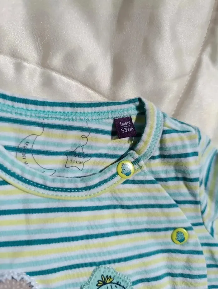 Pyjama manches longues blanc rayé vert et bleu hérisson 1 mois 54 cm Sergent Major - photo numéro 4