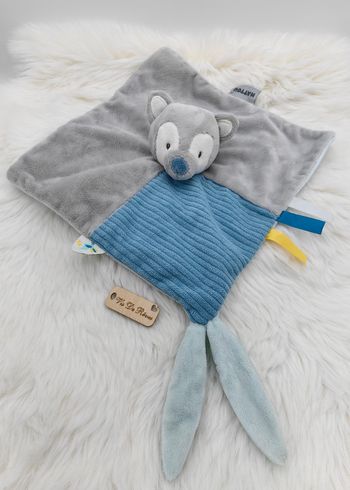 Doudou plat carré Loup Tim et Tiloo gris bleu Nattou