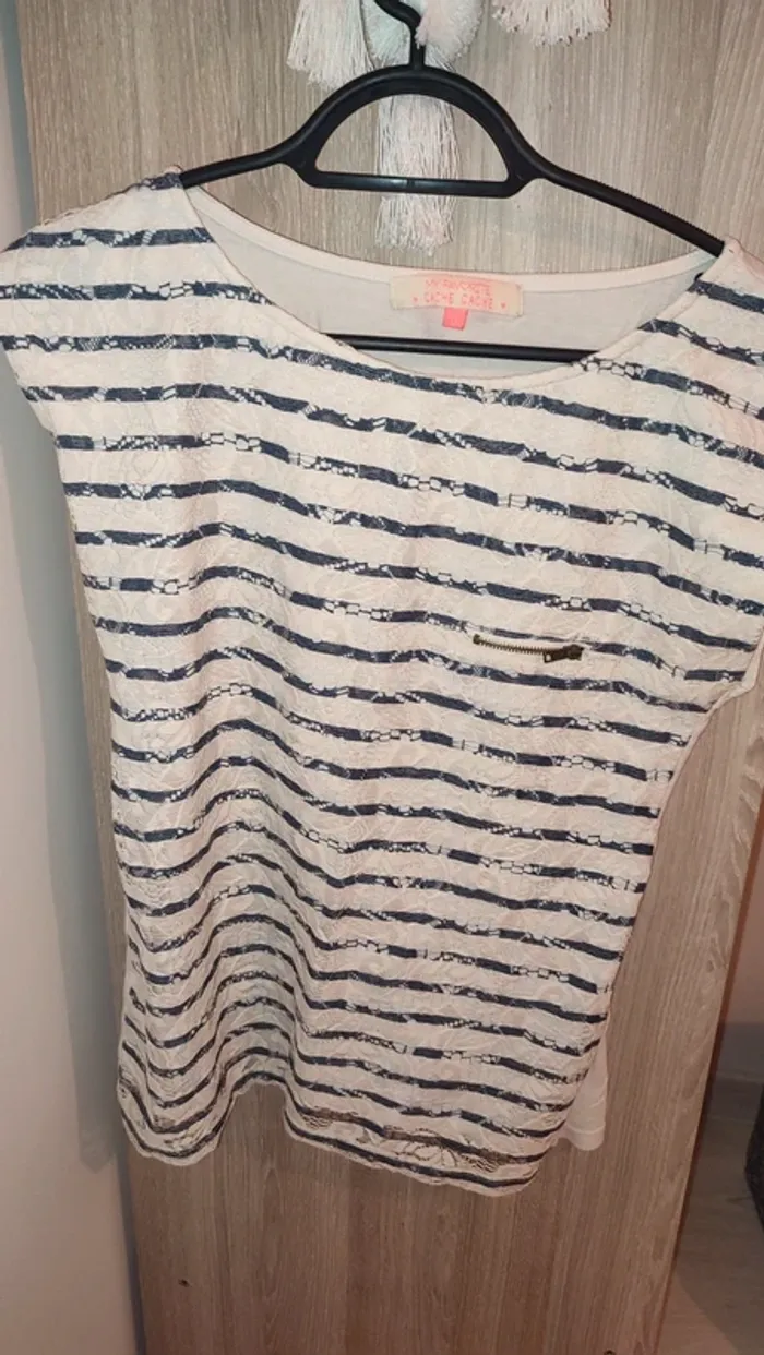 T-shirt marinière dentelle bleu/blanc