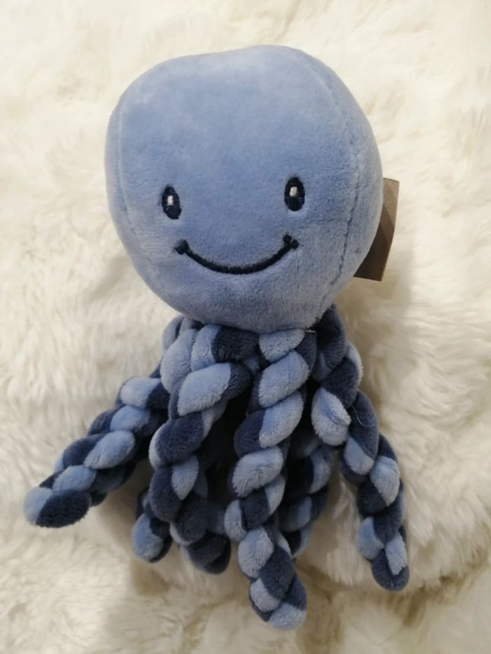 Doudou pieuvre octopus bleu clair et bleu marine tentacules torsades 22 cm - photo numéro 3