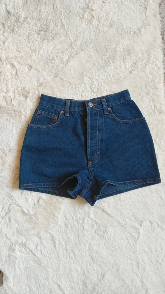 Mini short en jean vintage bleu foncé fermeture bouton - photo numéro 3