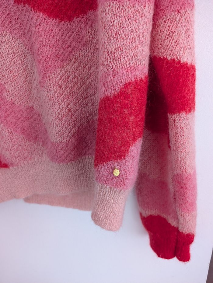 Pull en mohair et laine à zébrures beiges et fuchsia Suncoo T0 - photo numéro 3
