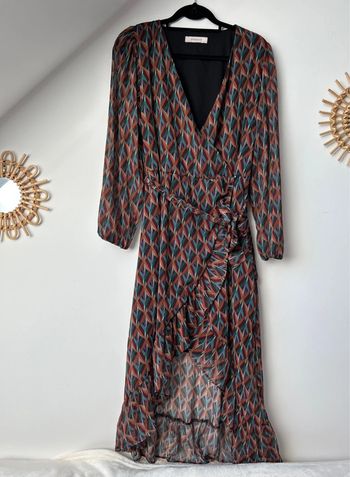 Robe longue asymétrique et manches longues imprimé graphique automnal Promod taille 40