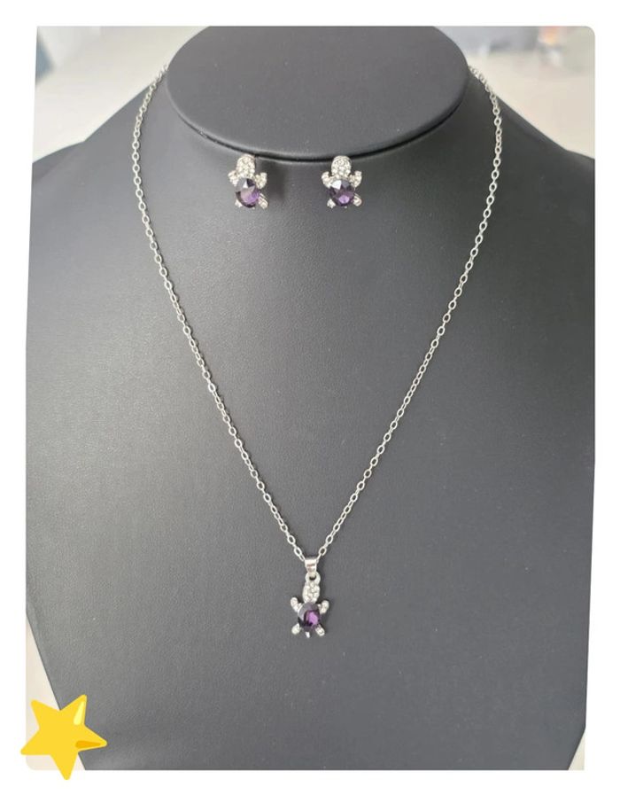 Parrure collier + pendentif + boucle d'oreilles tortue pierre d'ornement violet - photo numéro 4