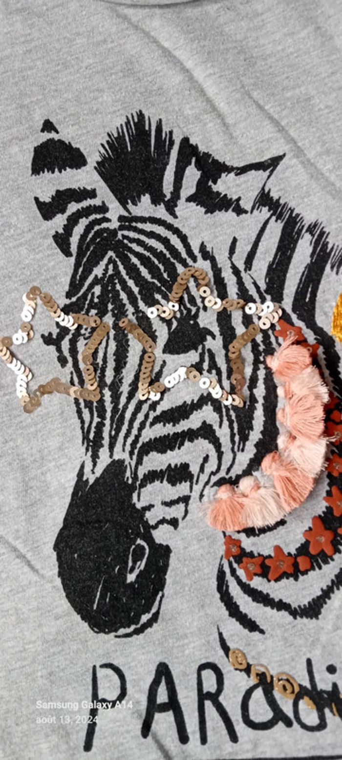 Tee shirt motif zèbre avec sequins et pampilles gris fille 10 ans vert baudet - photo numéro 8