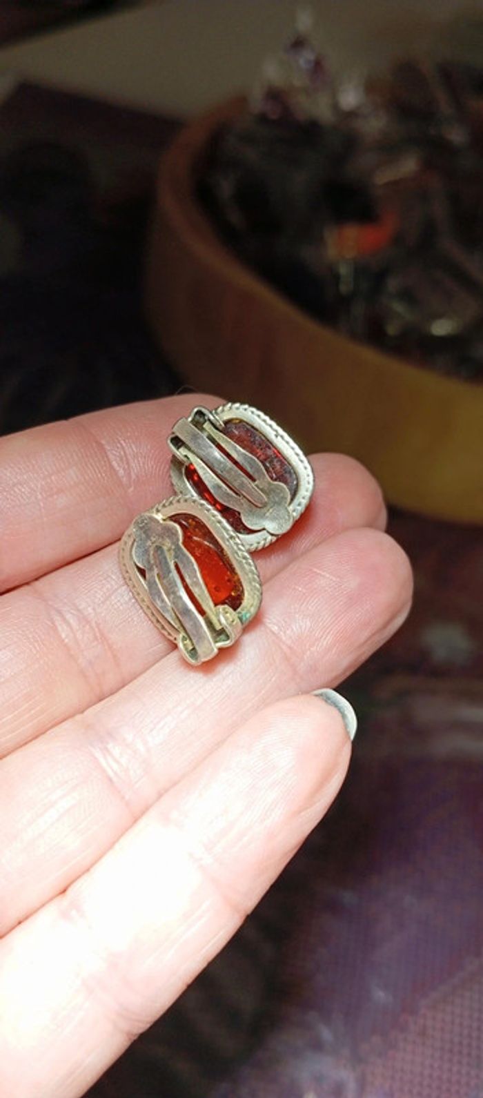 Clips d'oreilles ancien ambre et argent - photo numéro 7