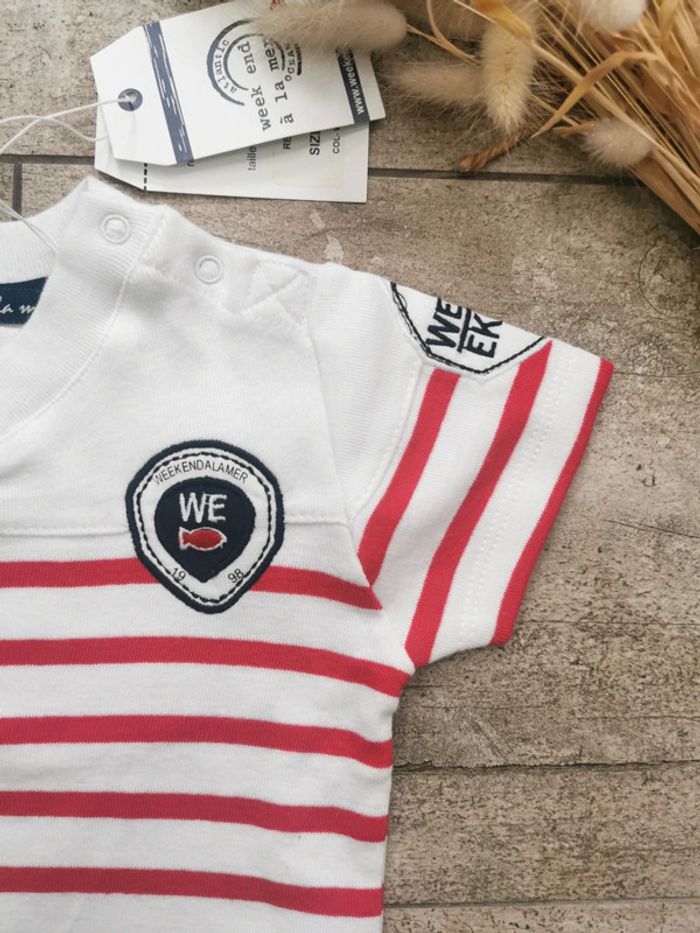 Teeshirt Week-end à la mer 6mois rouge et blanc marinière Neuf avec étiquette - photo numéro 2