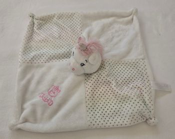 Doudou Licorne grelot blanc et rose carré plat blanc pois multicolore- Tendertoys