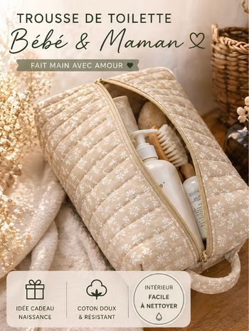 Trousse de toilette matelassée en gaze de coton beige et crème 