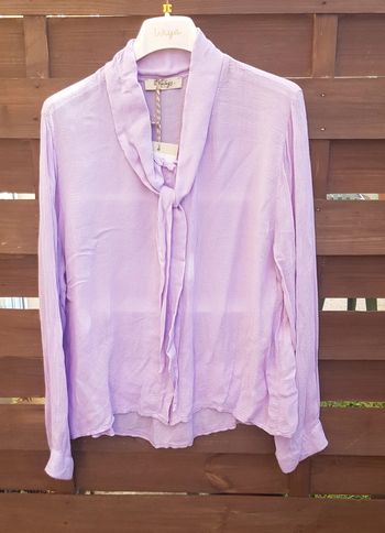 Blouse lila à lavallière manches longues, 100% viscose