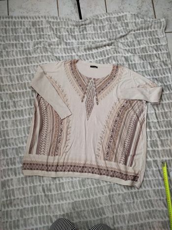 Pull manches 3/4 beige motif marron strass bréal taille 46