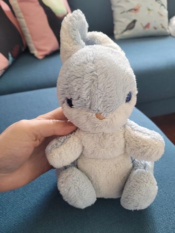 RARE Lapin assis bleu blanc Boulgom yeux bleu Made in France collection peluche doudou 26cm