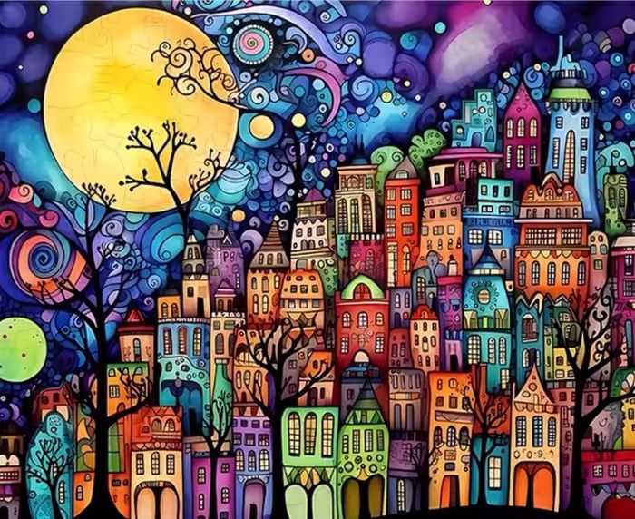 Puzzle bois grand A3 avec pièces en forme animaux ou objets ou asymétriques difficile d.une ville style peinture - photo numéro 2