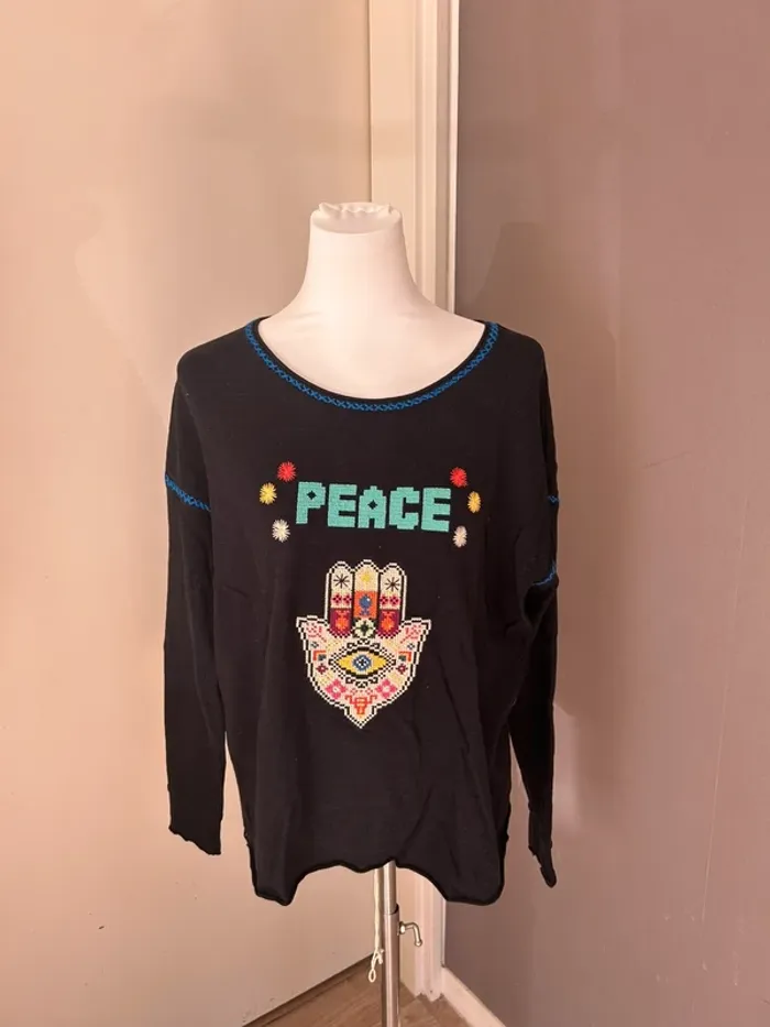 Wild  pull fin haut t-shirt noir en jersey épais bohème chic peace