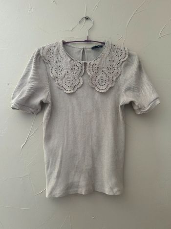 Femme 👩🏻 Tshirt manches courtes côtelé beige / col claudine en dentelle / Kiabi taille 36/S