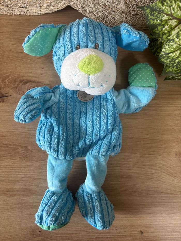 Doudou marionnette chien bleu velours vert baby nat - photo numéro 2