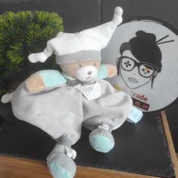 Doudou ours blanc gris bleu Polochon Baby nat bn0352 Pois Points Bonnet