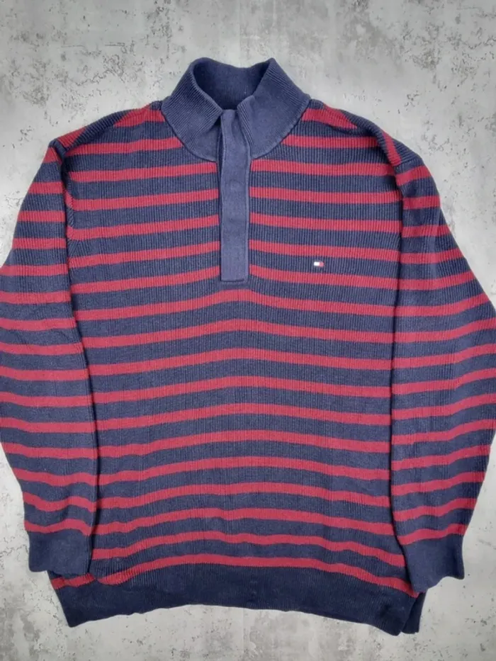 Pull à pressions Tommy Hilfiger rayé bordeaux & marine – Taille 3XL Homme (mesures en photos) - photo numéro 3