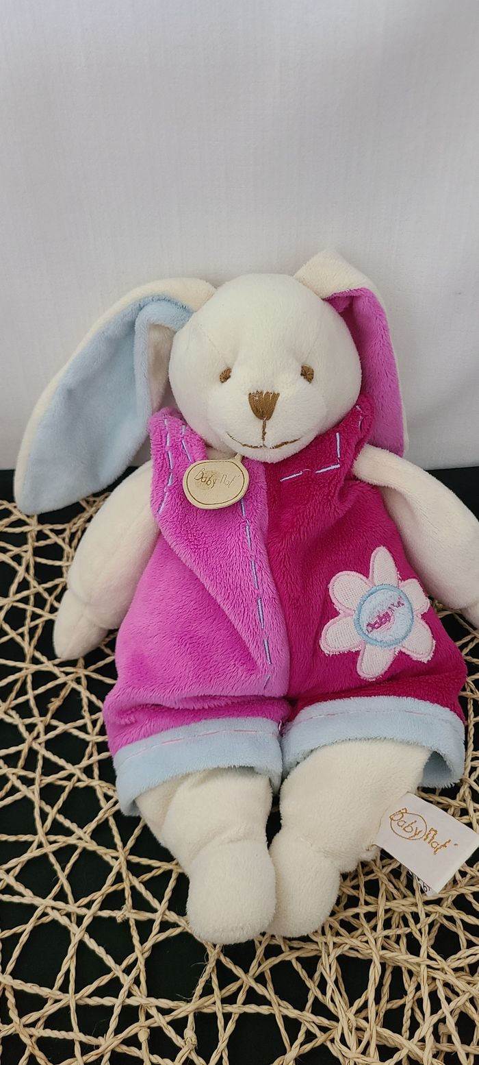 Doudou lapin blanc salopette rose bleu fleur BABY NAT - photo numéro 5
