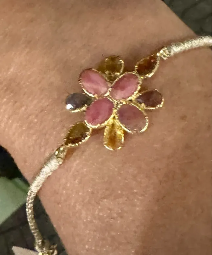 Bracelet cordons beige doré grosse fleurs quartz jade rose jaspe habaha Paris - photo numéro 7
