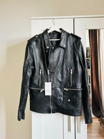 Veste noire en Cuir de mouton Neuve Homme Zara Tailles L-XL