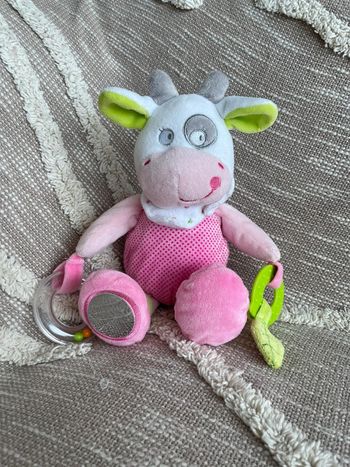 Peluche doudou d’éveil 28cm mots d’enfants vache rose blanc et vert très bon état