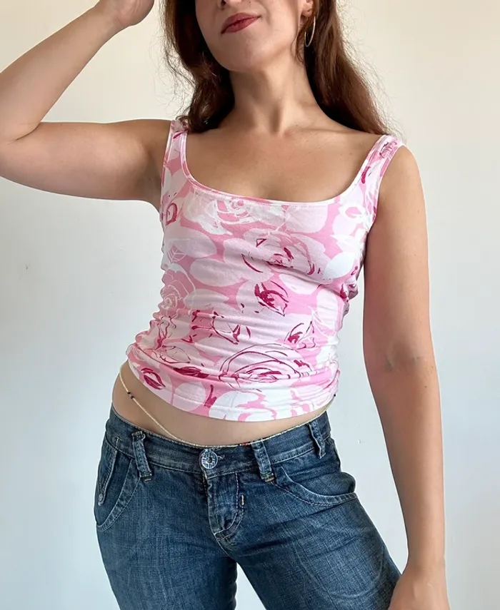 Débardeur rose y2k années 2000 à motifs fleurs taille S - photo numéro 3