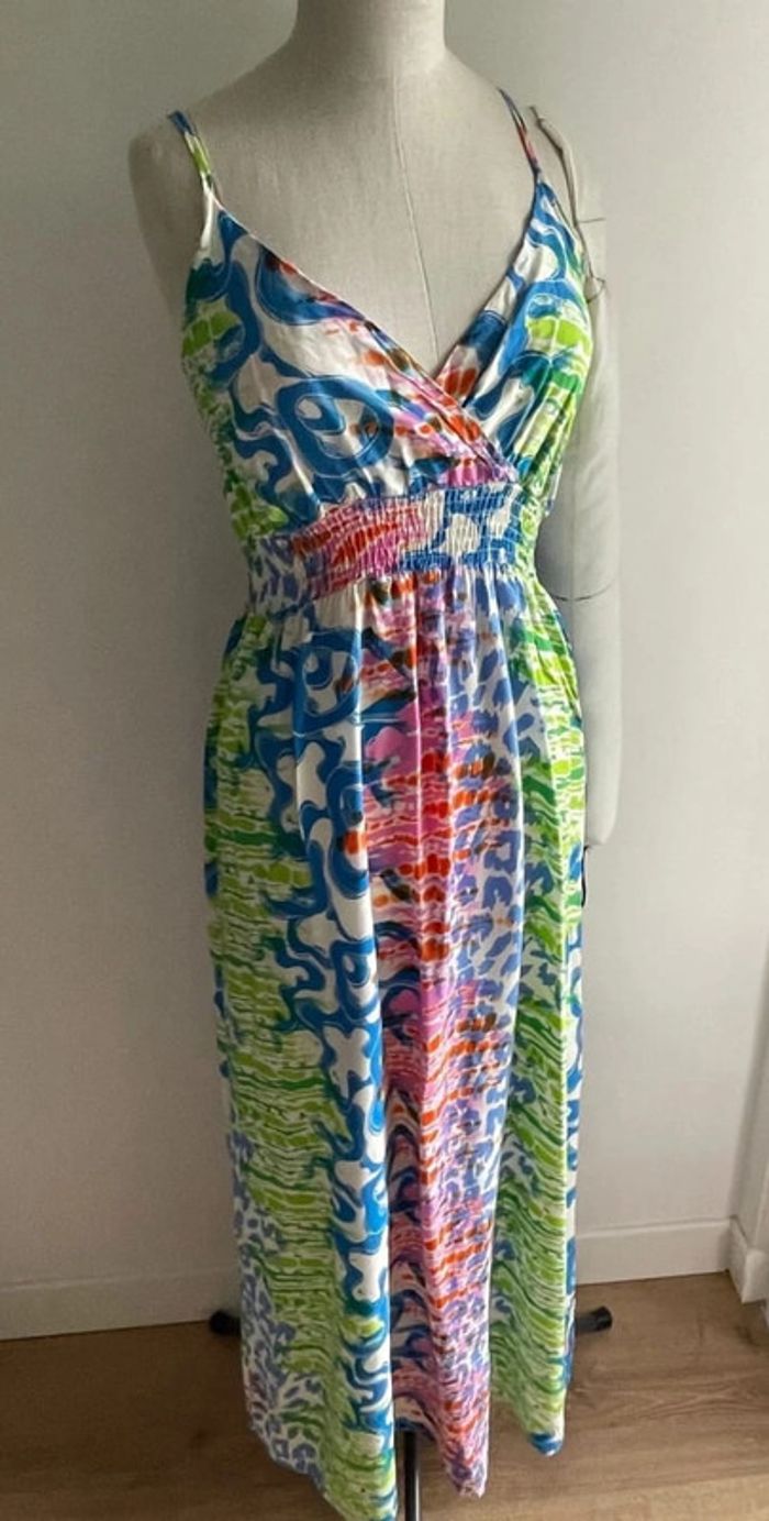 Robe longue fluide à motifs bleu vert rose – taille S/M - photo numéro 3