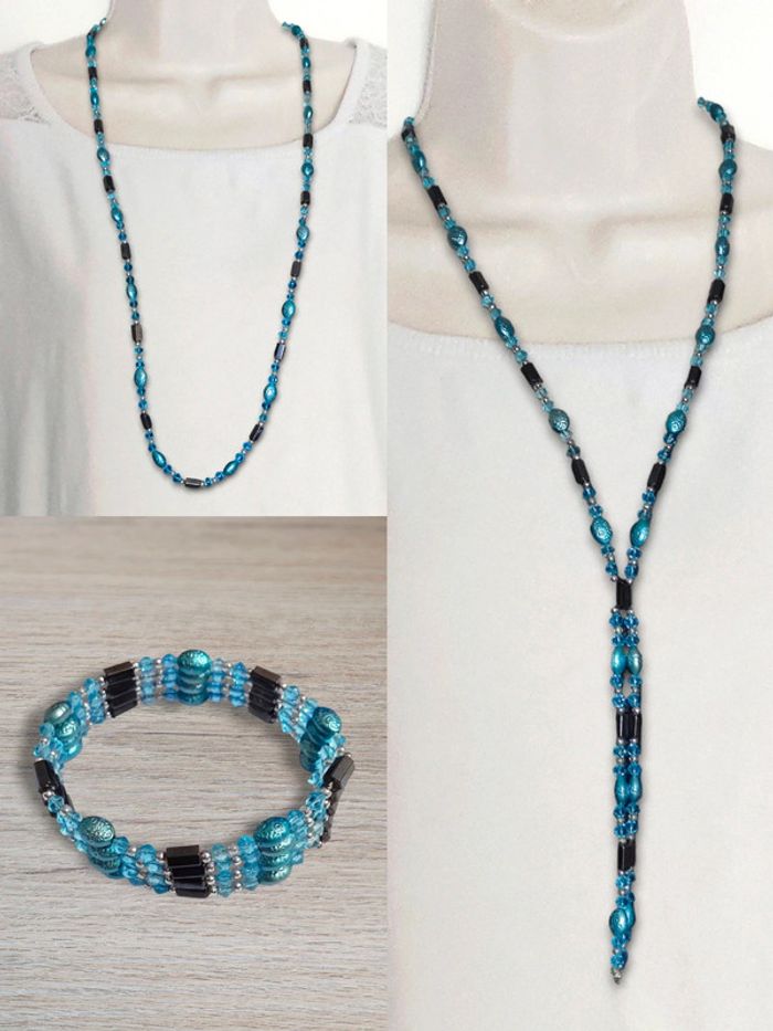 Collier / bracelet magnétique perle bleu turquoise  - 89cm