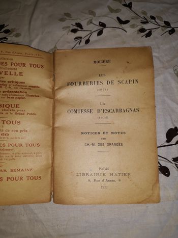Faby27800 Livre Fourberies de Scapin Molière La comtesse d'Escarbagnas Ancienne édition 1922