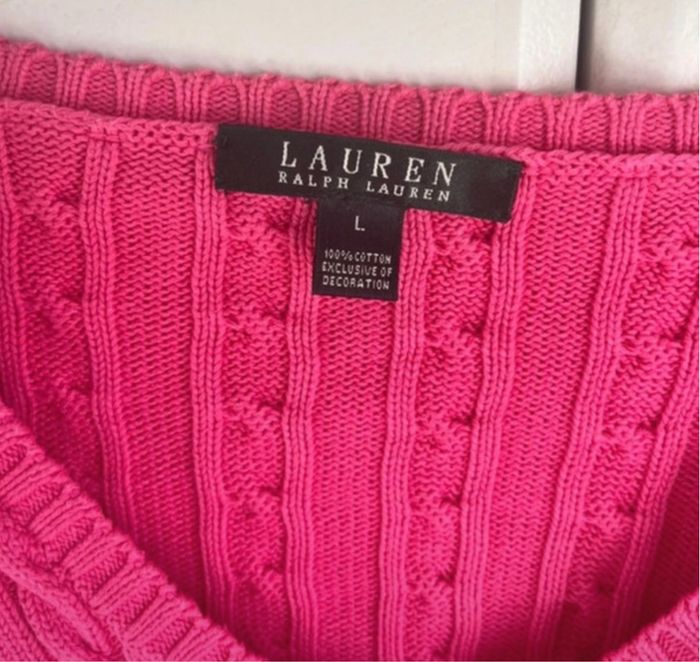 🩷 Pull Ralph Lauren Neuf Torsadé Rose Col V Taille L/40 - 100% Coton - photo numéro 5