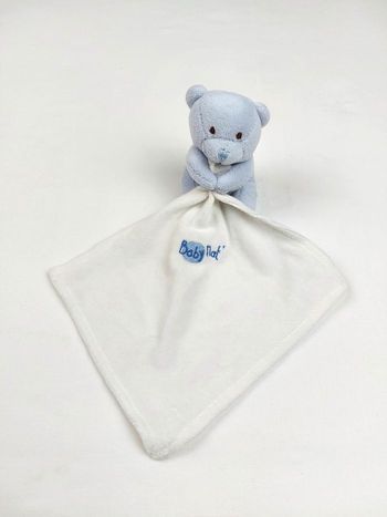 Doudou peluche ours ourson bleu BABY NAT mouchoir blanc thème bonbon BN3530