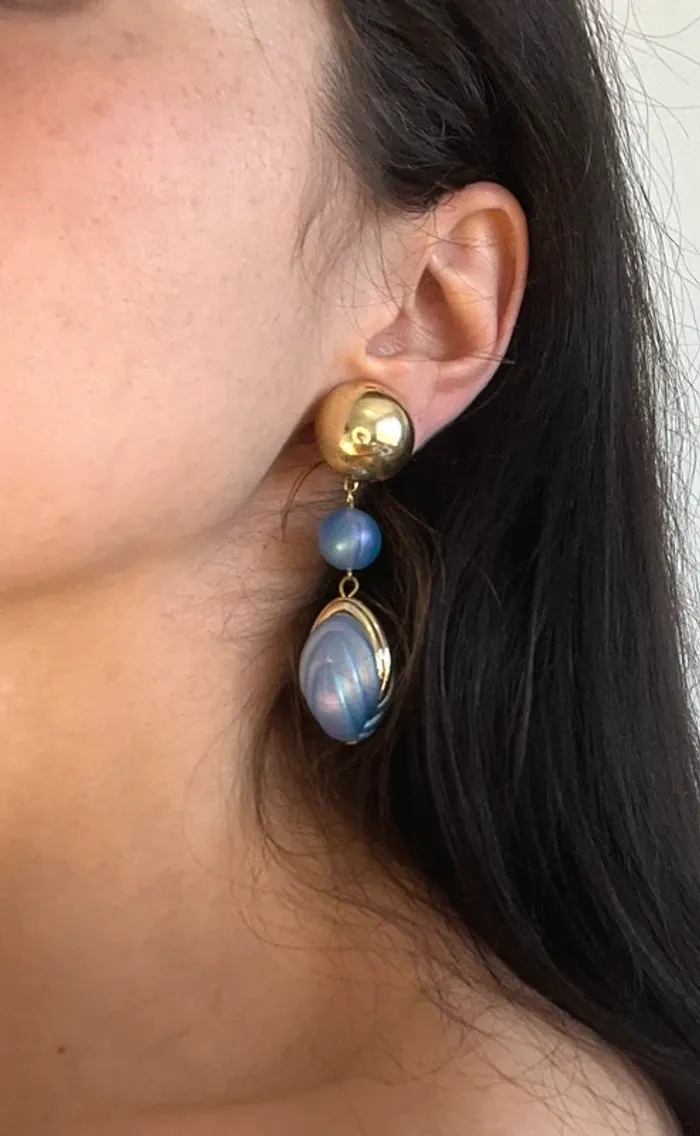 Boucles d’oreilles vintage années 80 bleues et dorées - photo numéro 2
