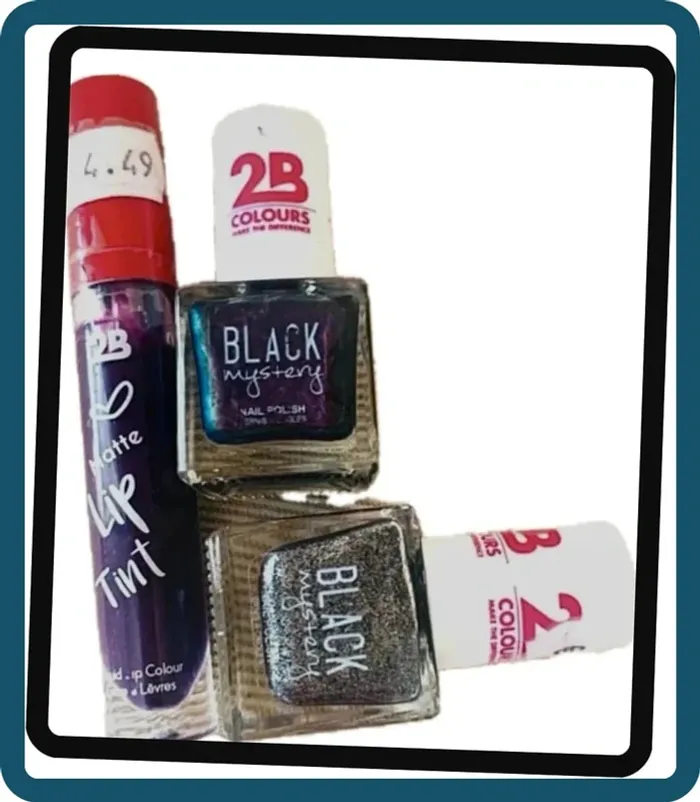 Lot de 2 vernis à ongles pailleté 2B Couleur Argent et Violet+ Encre à lèvres 2B couleur aubergine