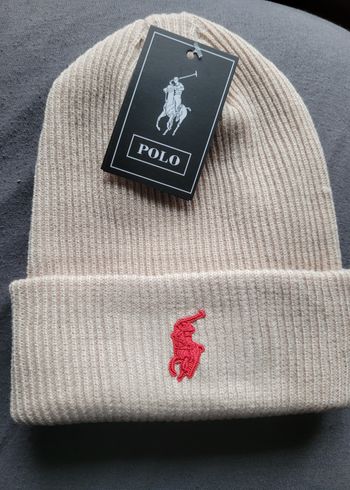 Bonnet ralph lauren beige logo rouge