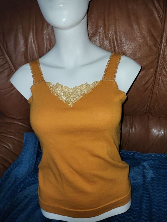 debardeur orange coton t 38 avec dentelle plastron