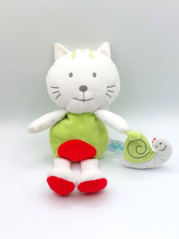 Peluche d’activité doudou chat blanc vert rouge escargot BABY NAT grelot Babynat