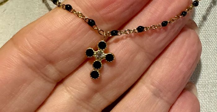 Collier chaîne réglable acier inoxydable or oetkes résine noires croix cristaux ronds - photo numéro 5