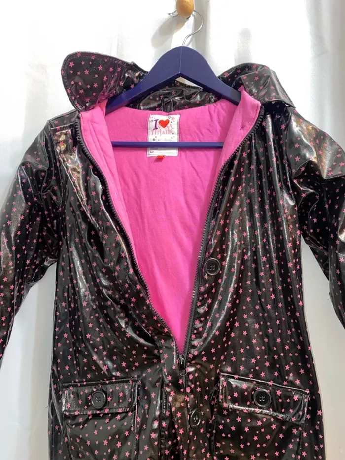 Manteau imperméable doublé avec capuche noir motifs étoiles fushia Tissaia 6 ans - n81m - photo numéro 2