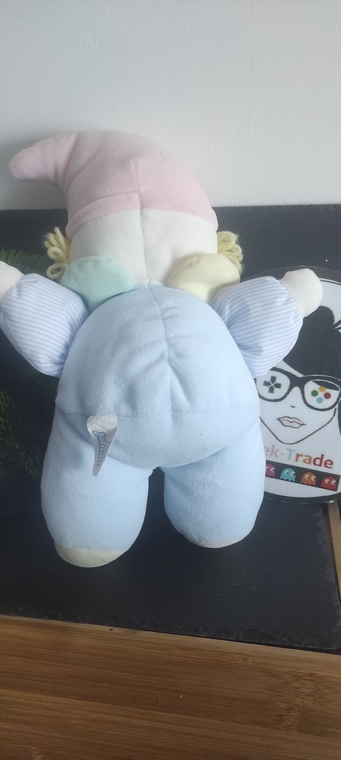 Doudou Peluche Vintage Jemini Clown Bleu Rose 32 Cm jaune vert laine rayé bonnet ancien - photo numéro 2
