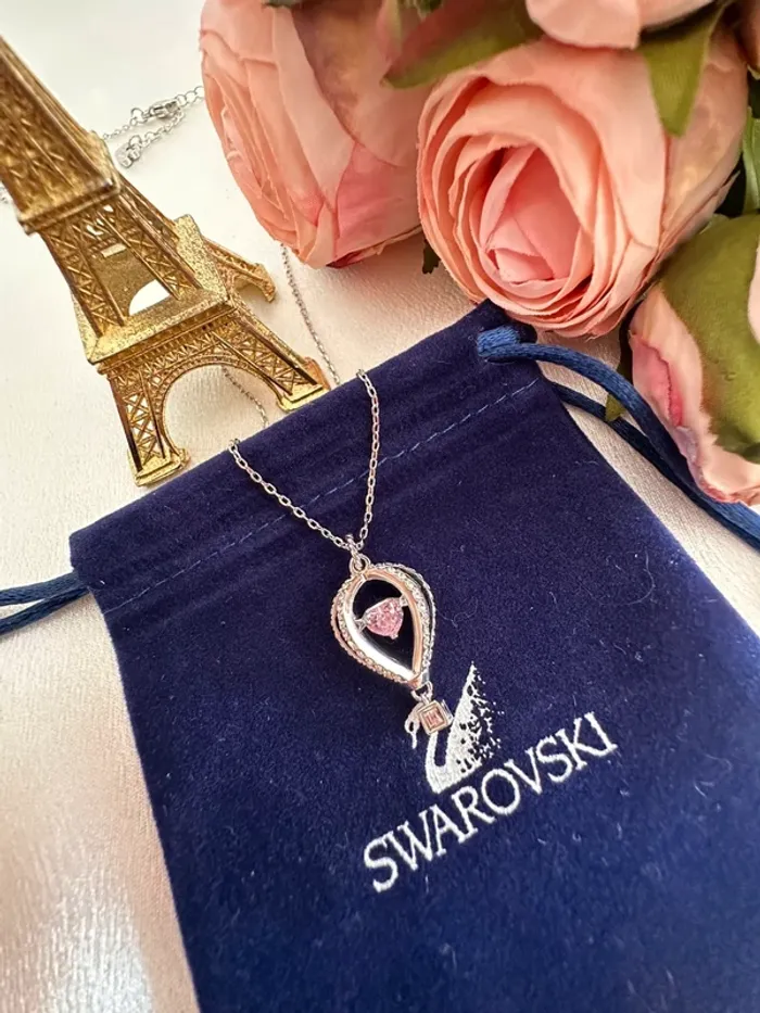 🎈Collier Swarovski montgolfière argenté cœur rose mobile – avec pochon - photo numéro 4