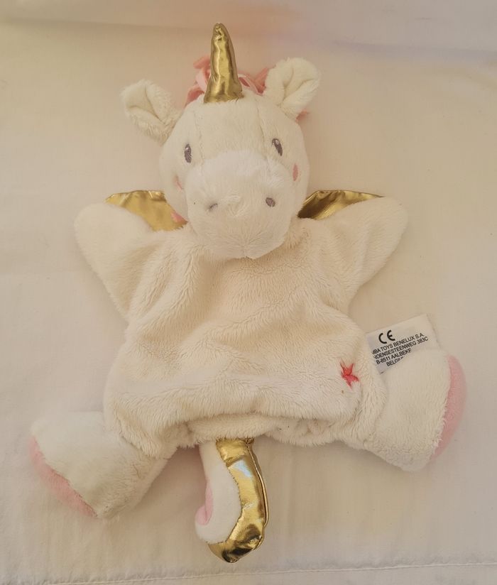 Doudou plat marionnette Licorne blanche , rose et doré- Simba