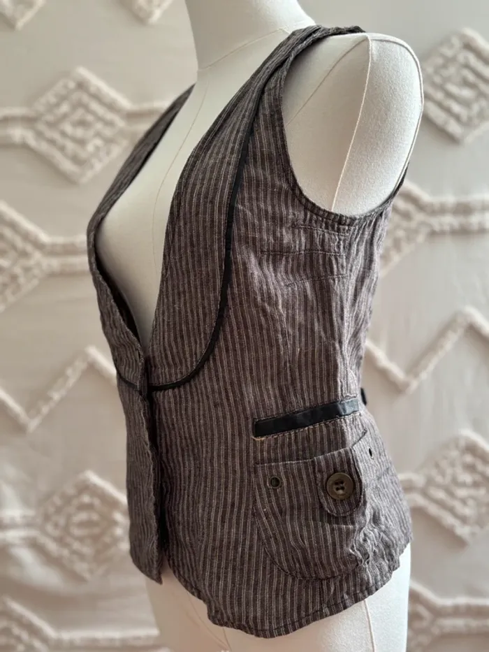 Gilet vintage rayé style utilitaire – vrai vintage – Taille 36 – Détails effet cuir, pièce rare ! - photo numéro 2