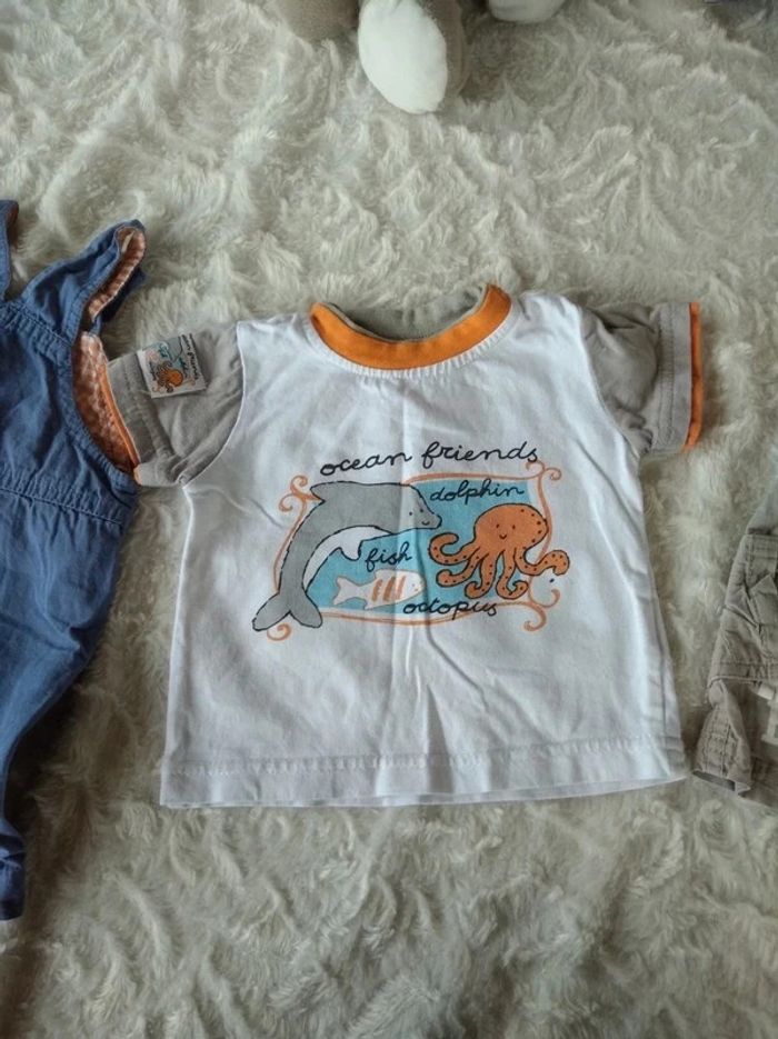 Ensemble (tee shirt+salopette+short) Garçon 6 mois dauphin pieuvre "ocean friends" 100% coton - photo numéro 9