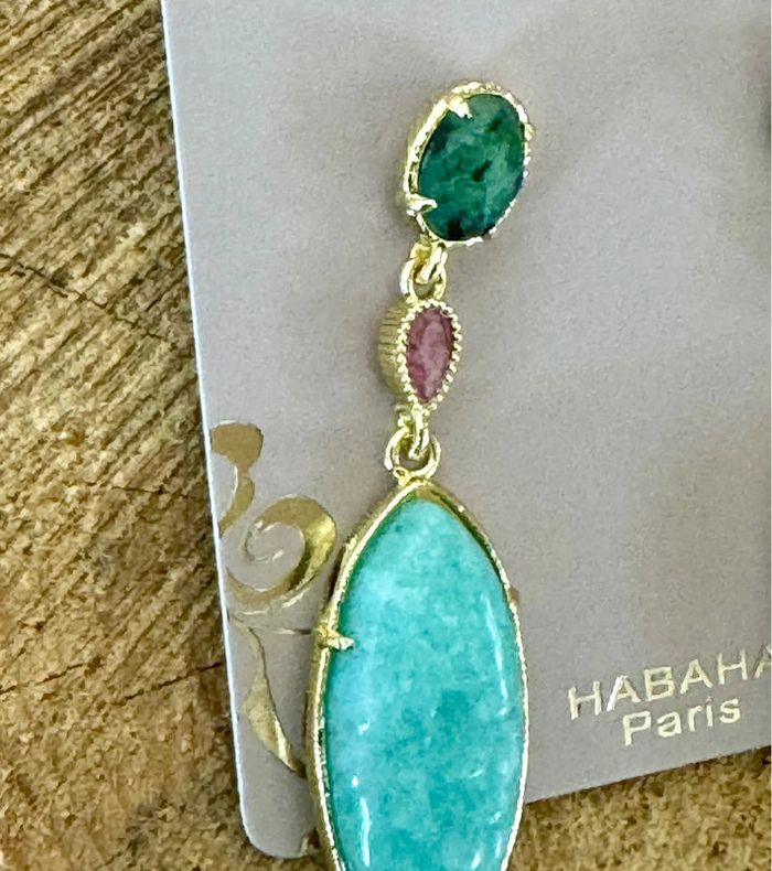 Sublime boucles d’oreilles  acier inoxydable le longues poisson jade vert et rose , amazonite - photo numéro 2