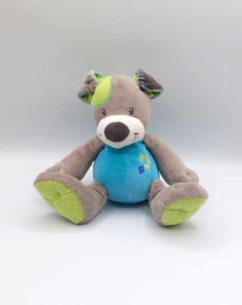 Peluche chien gris vert bleu DOUKIDOU Manon Valentin pois blanc 19 cm sos doudou