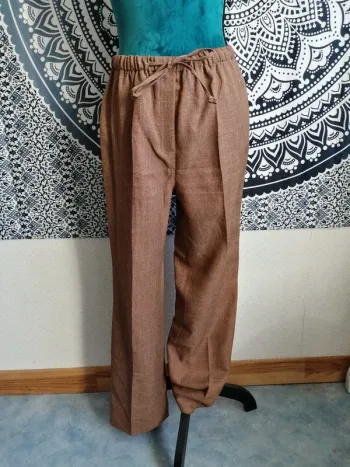 Pantalon droit vintage marron camel avec liseré simili cuir / bleu bonheur / (42)