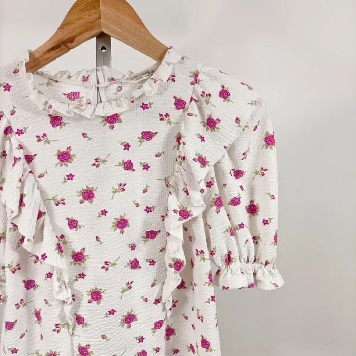 Blouse Miss Selfridge fleurs roses volantée manches bouffantes romantique T38 EUR/UK10 A1104 - photo numéro 3
