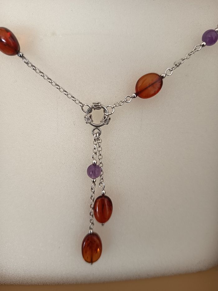 Collier argent ambre et améthyste. - photo numéro 2